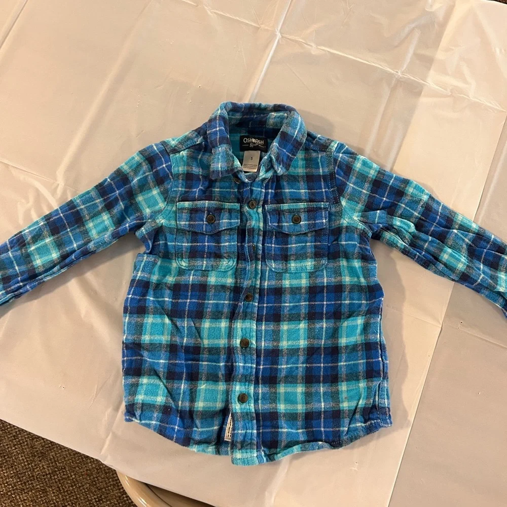 OshKosh B'gosh Boys Plaid‎ Flannel Button-Up Shirt Blue Size 5 Long Sleeve